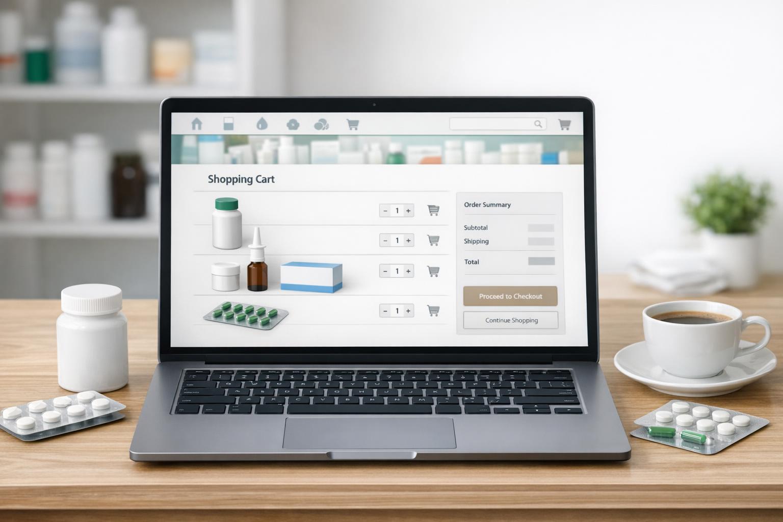 Zdjęcie laptopa z otwartą stroną apteki online i koszykiem zakupowym