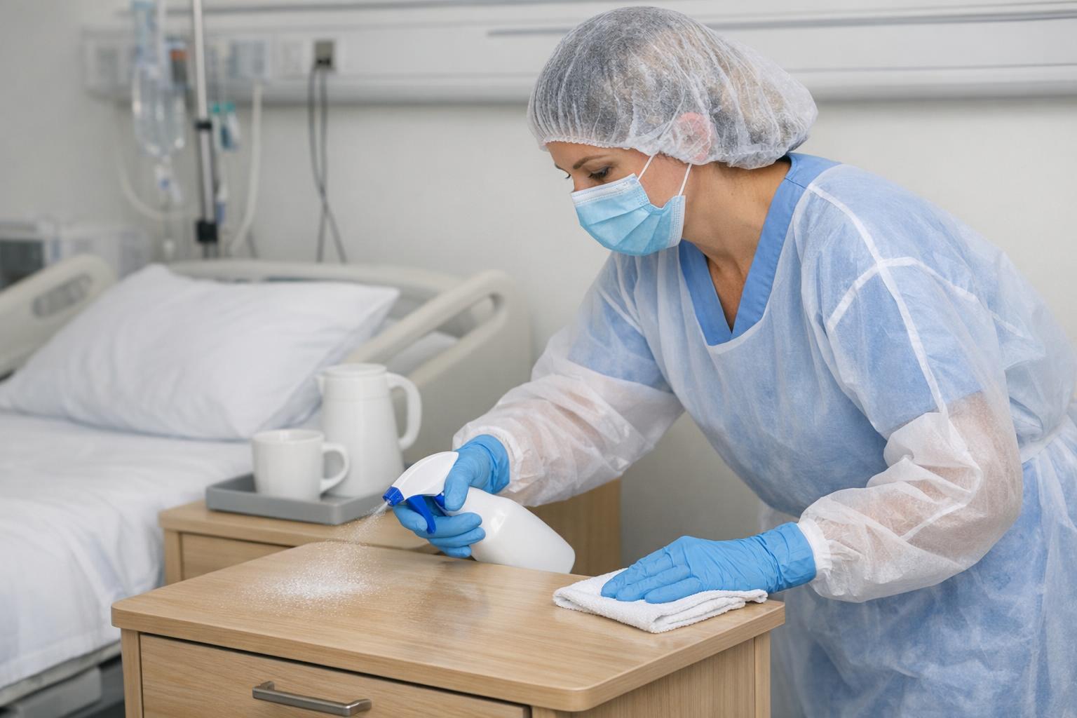 person spraying disinfectant on a hospital bedside table